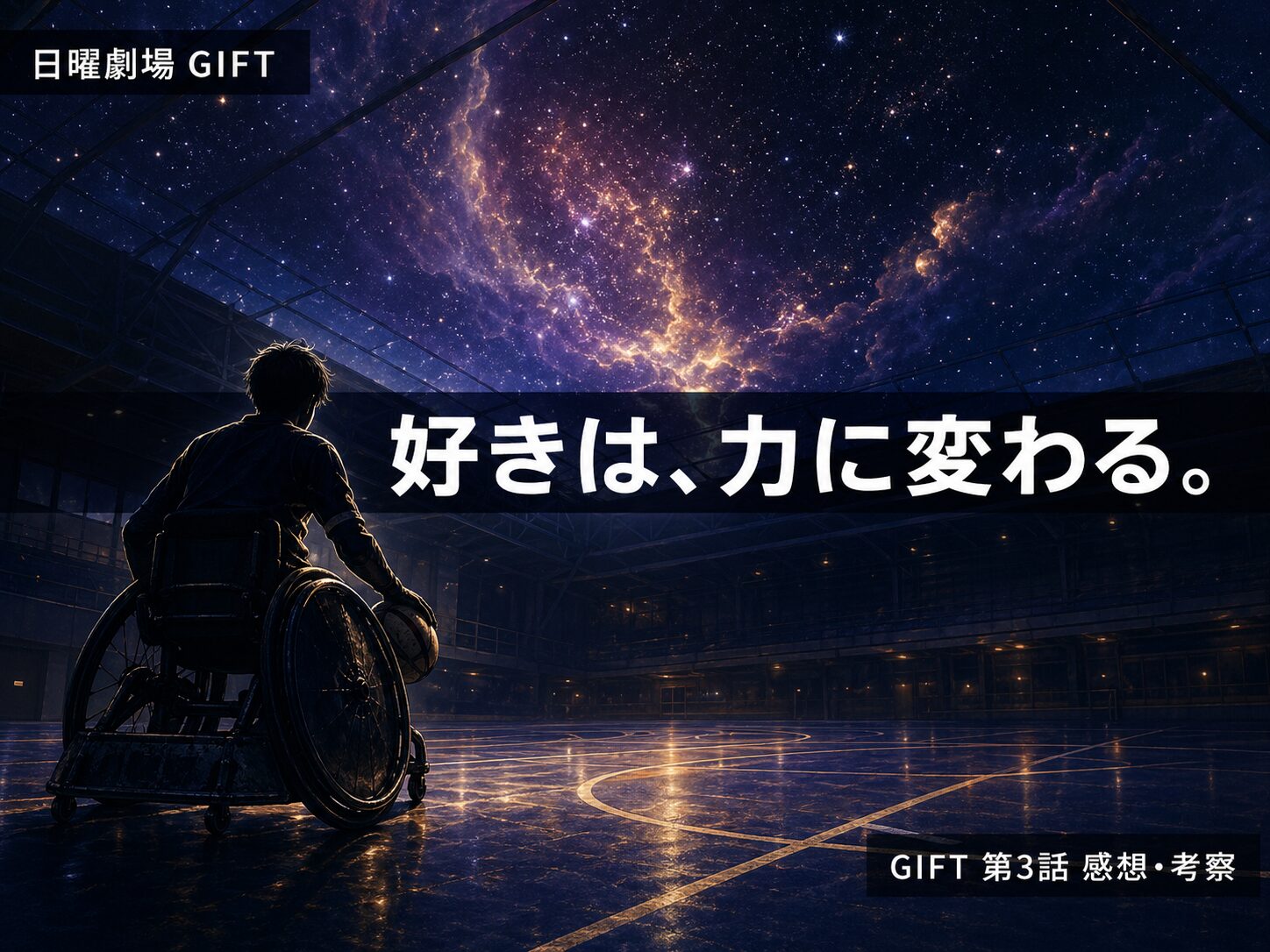 日曜劇場GIFT第3話サムネイル「好きは、力に変わる。」車いすラグビーコートと星空のイメージ