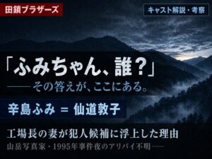 スト田鎖ブラザーズ辛島ふみ役・仙道敦子のキャスト解説記事サムネイル──冷たい山稜の背景に「ふみちゃん誰？」のキャッチコピーと犯人考察テキストを配置