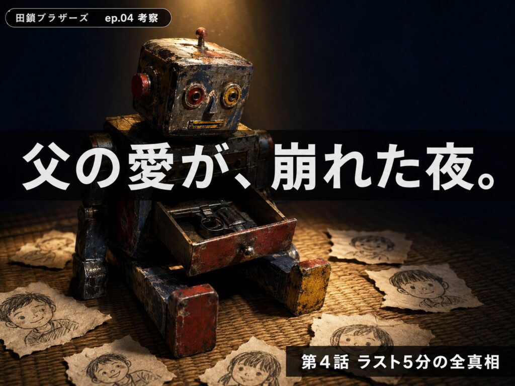 田鎖ブラザーズ第4話考察サムネイル：父の手作りロボットと拳銃のイメージ