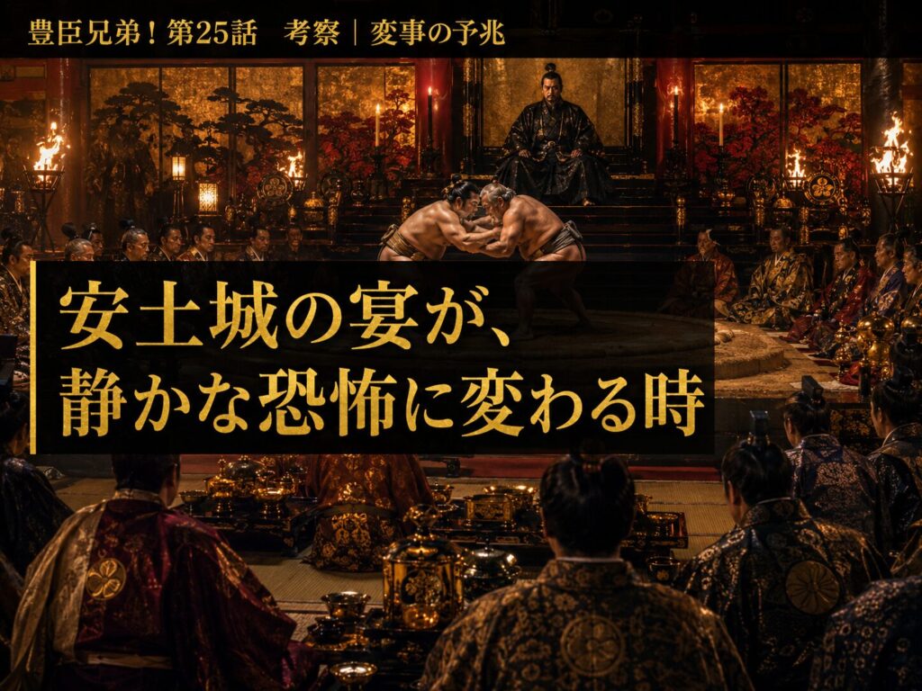 豊臣兄弟！第25話 サムネイル｜安土城の宴で信長が相撲を使い老臣を追放する場面をイメージした考察記事の画像