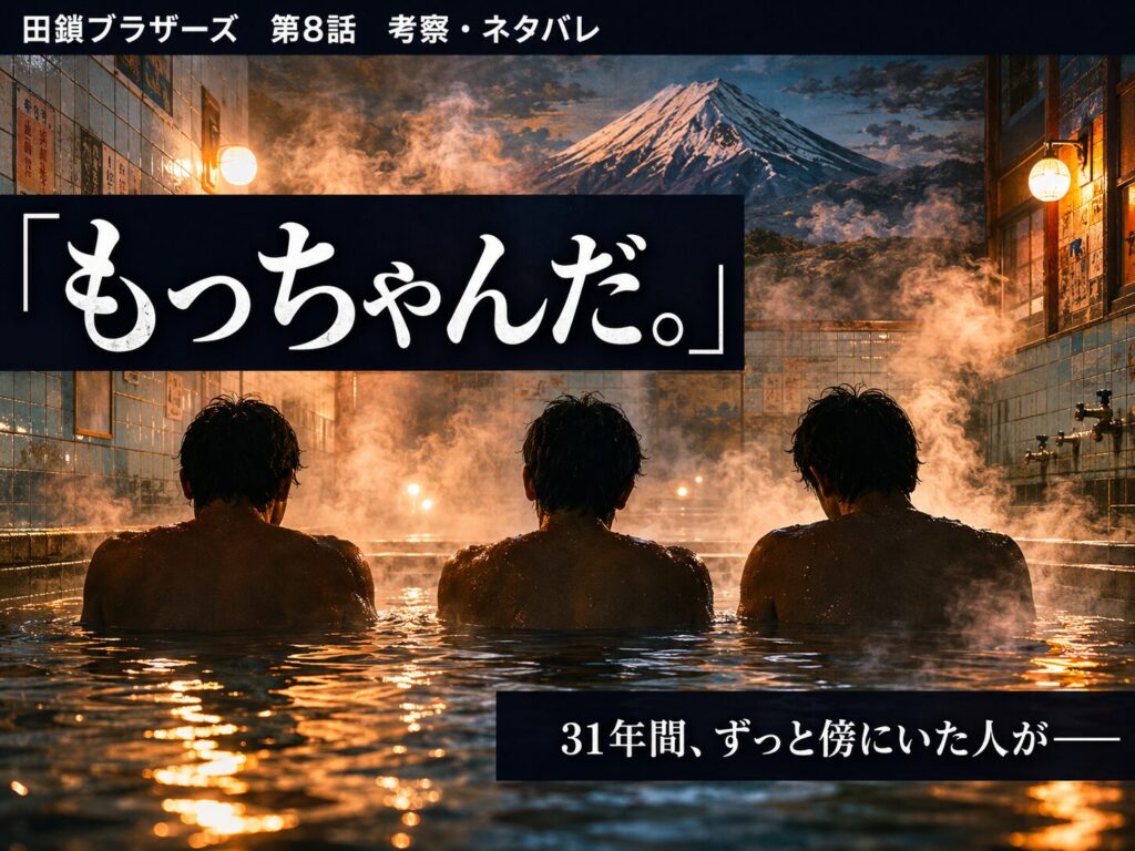 ドラマ『田鎖ブラザーズ』第8話のネタバレ考察記事サムネイル。銭湯でもっちゃんと兄弟が過ごした最後の夜と、「もっちゃんだ。」という真実が明かされた回を象徴するビジュアル。