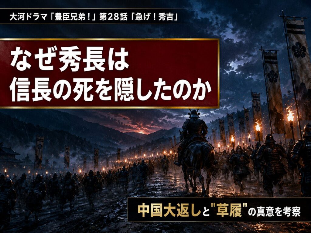 豊臣兄弟！第28話「急げ！秀吉」サムネイル。松明を掲げ夜道を急ぐ軍勢と「なぜ秀吉は信長の死を隠したのか」