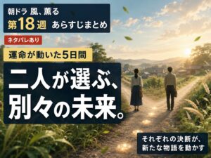 朝ドラ「風、薫る」第18週で、分かれ道に立つ二人の後ろ姿と「二人が選ぶ、別々の未来。」の文字を描いたあらすじ記事のサムネイル
