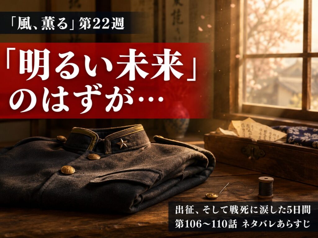 朝ドラ「風、薫る」第22週のサムネイル画像。たたまれた軍服とボタン、明治時代の柔らかな朝の光を背景に「『明るい未来』のはずが…」のキャッチコピー