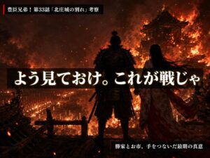 豊臣兄弟!第33話「北庄城の別れ」考察|炎上する天守で手をつなぐ勝家とお市のシルエットと「よう見ておけ。これが戦じゃ」のキャッチコピー