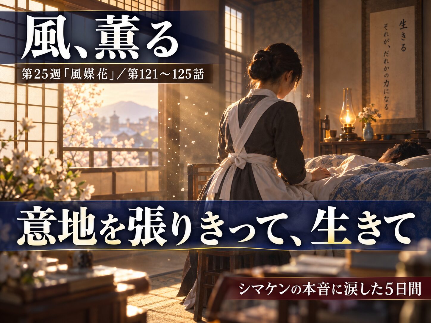 朝ドラ「風、薫る」第25週「風媒花」第121〜125話のサムネイル。明治時代の看護婦がランプの灯る病室で患者を看護する情景
