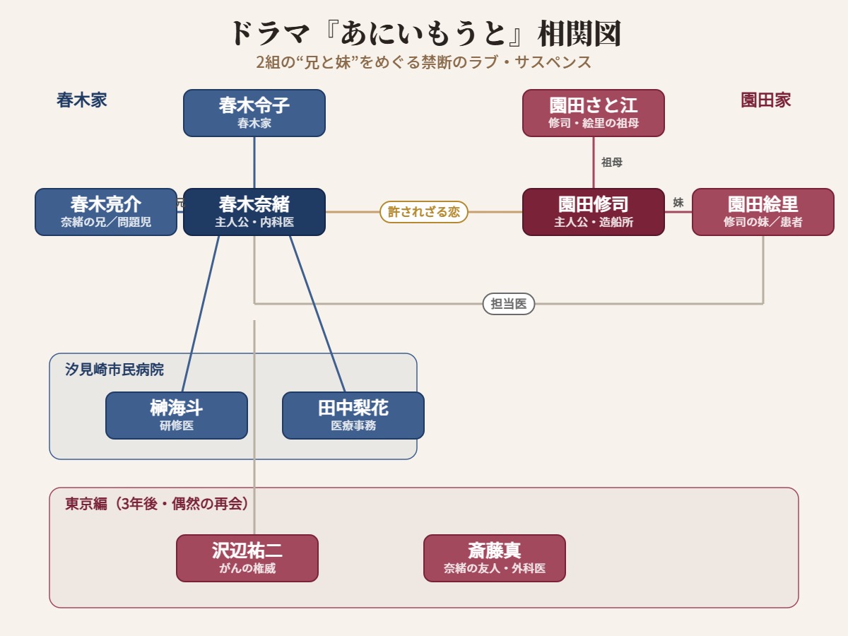 ドラマ あにいもうと 相関図（春木家・園田家の2組の兄妹）